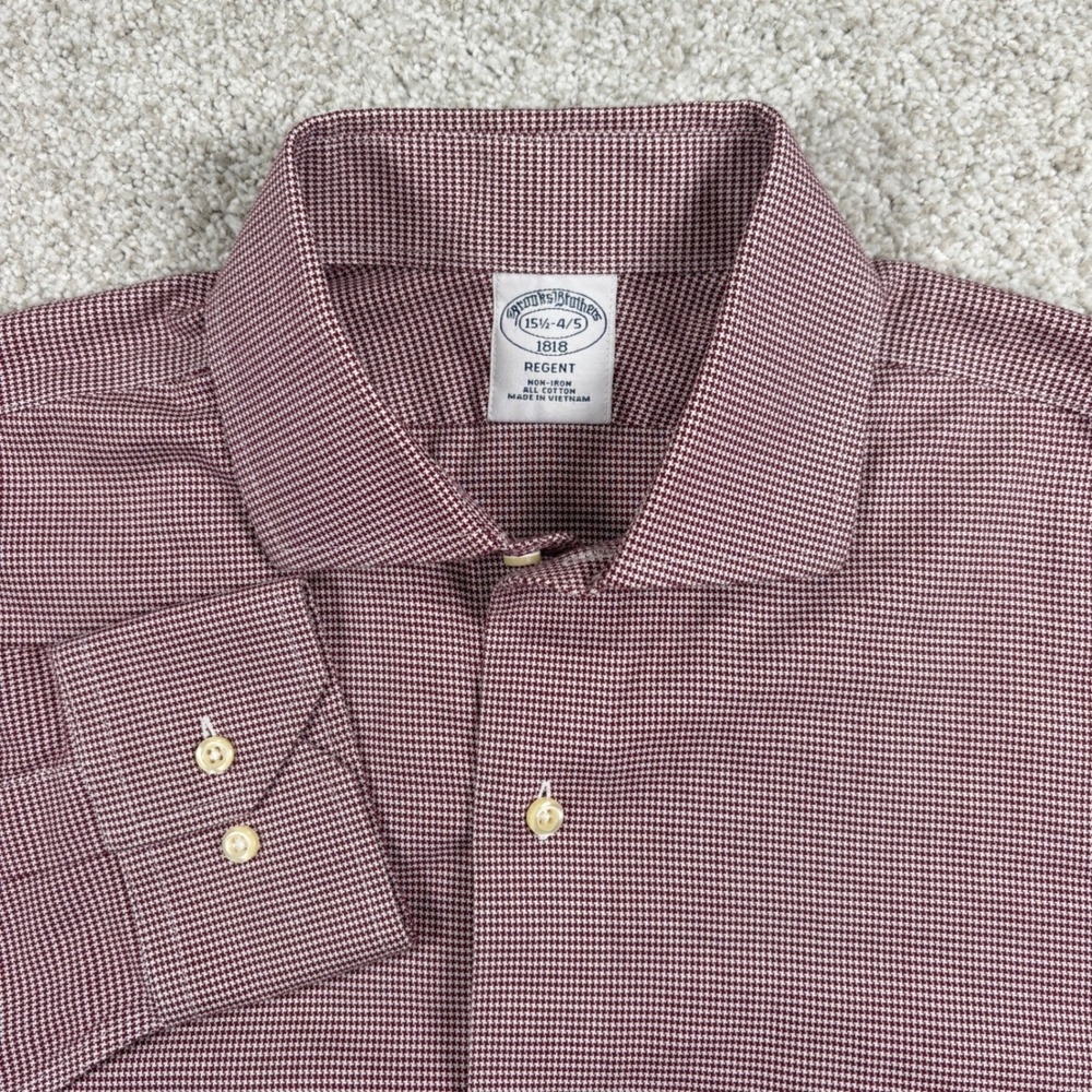 Brooks Brothers Dress Shirt Mens 15.5 34/35 Burgundy Houndstooth Regent Non-Iron